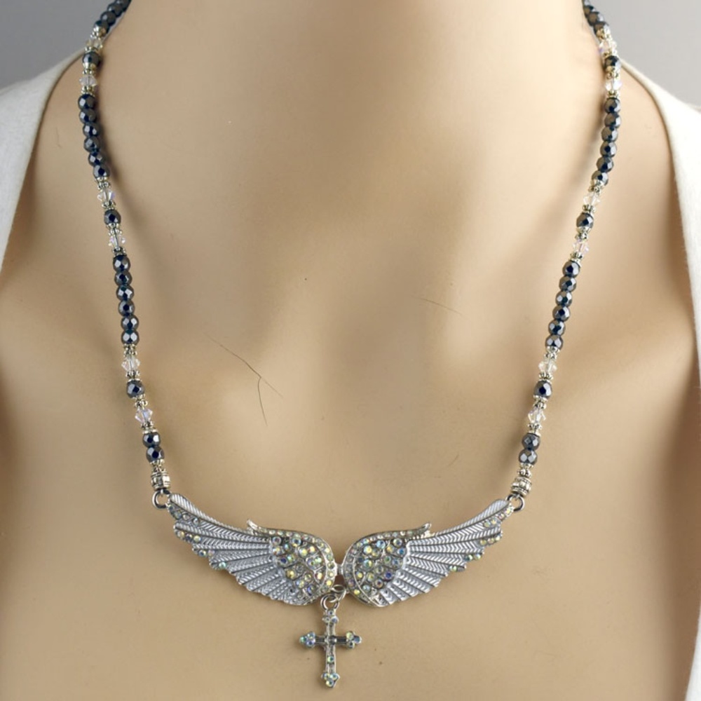 Hematite Crystal Bling Angel Wings Necklace Set